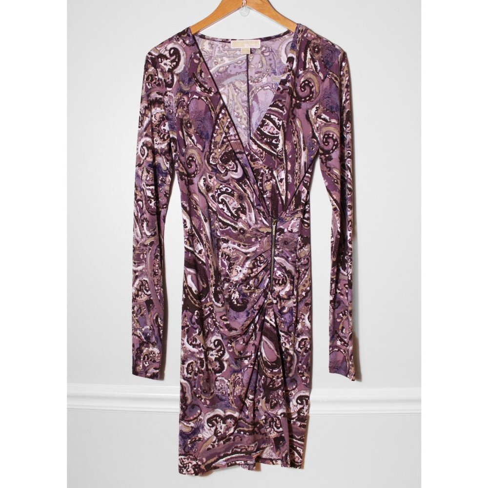 Michael Kors Ruched Zipper Detail Long Sleeve Dress Purple Paisley Print Size 4